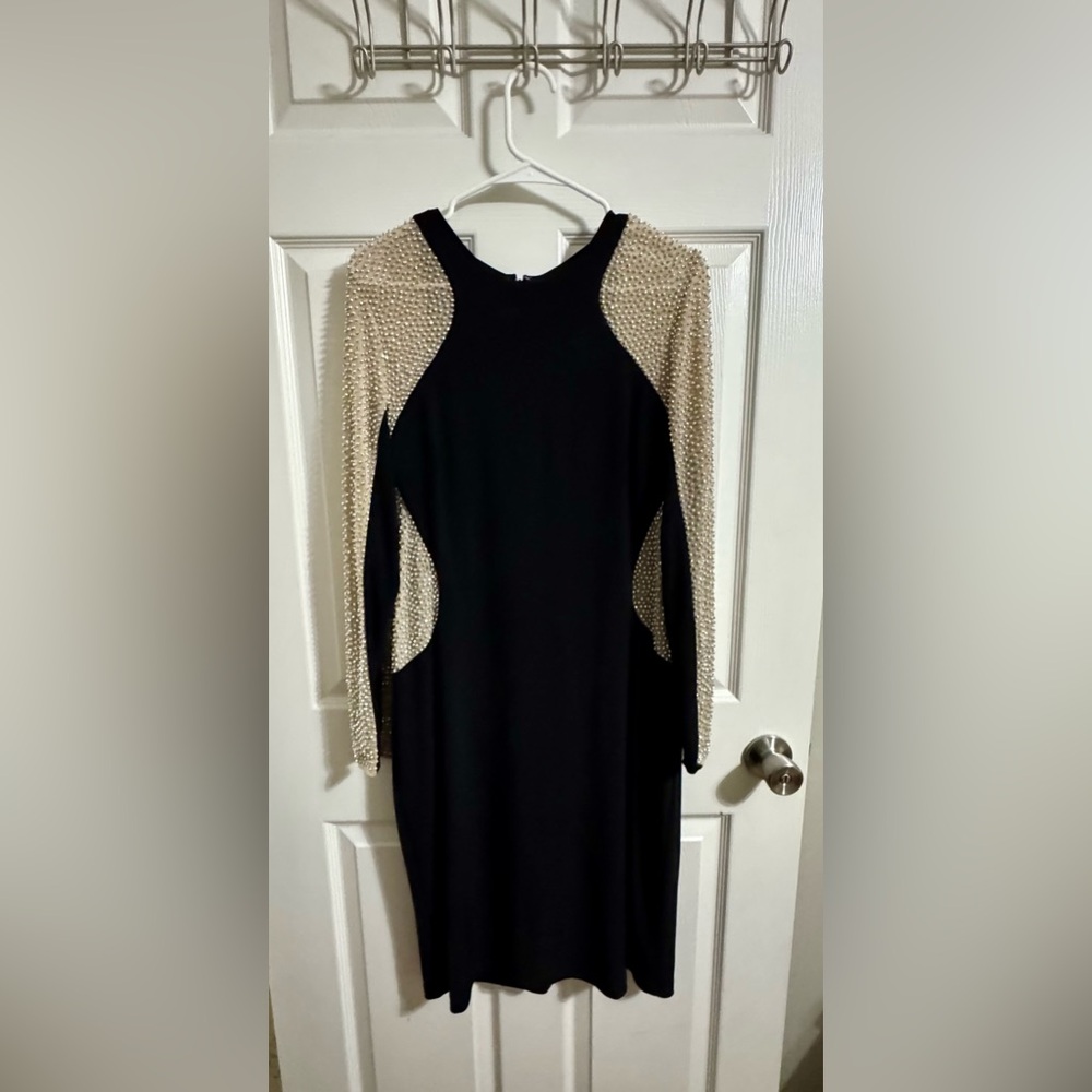 Xscape Black Dress with Gold Beaded Sleeves
